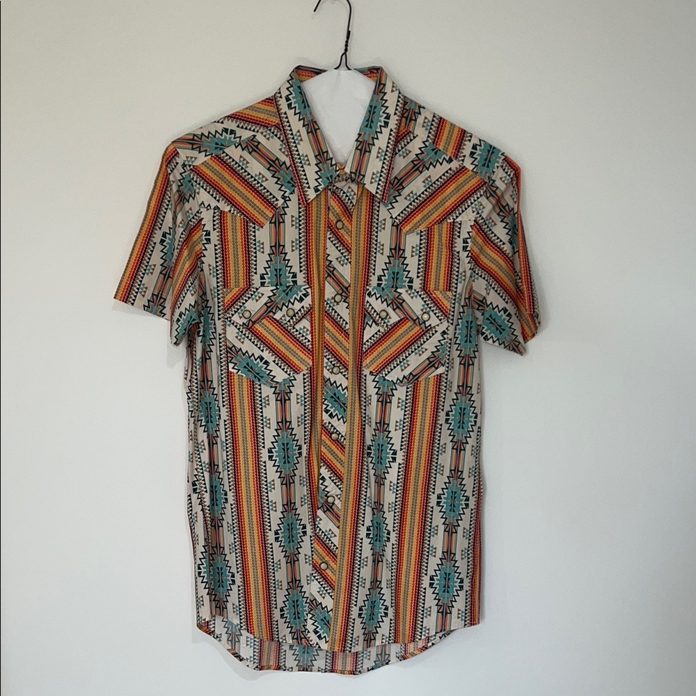 Southwestern Print Short Sleeve Button-Down Shirt in Turquoise & Cream